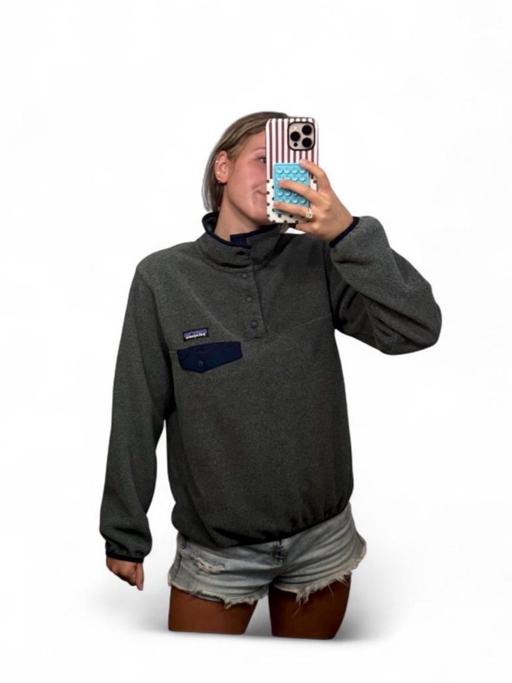 Patagonia Women’s Small Gray Snap Pullover with Navy Pocket & Collar